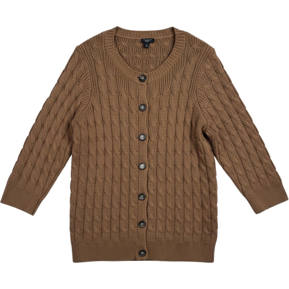 Talbots Cardigan Sweater XXL Brown Cable Knit Chunky Cotton 3/4 Sleeve Office